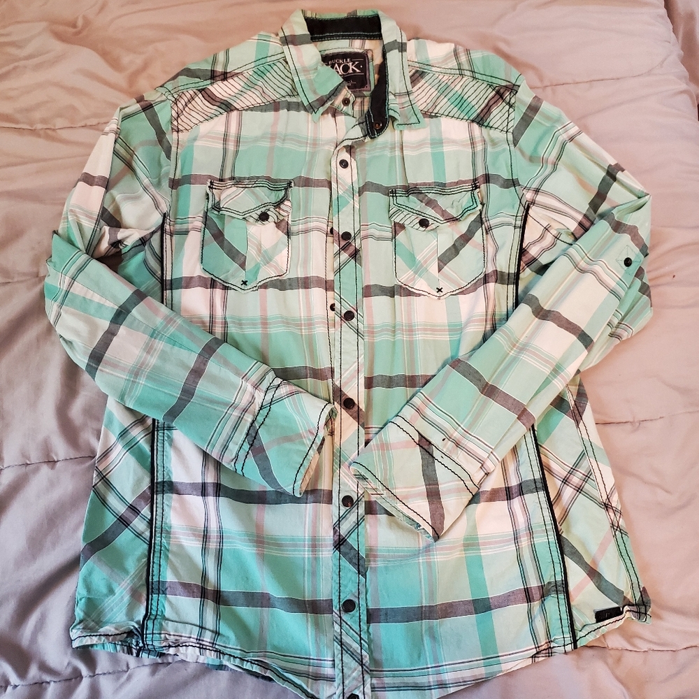 Buckle Black Plaid blue black white button up Womens Shirt Large